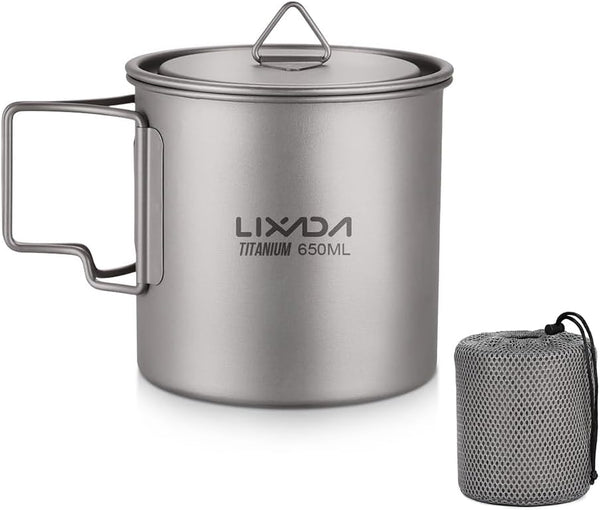 Lixada Titanium Pot, Lightweight Camping Pot, Titanium Cup, Backpacking Pot with Portable Handles