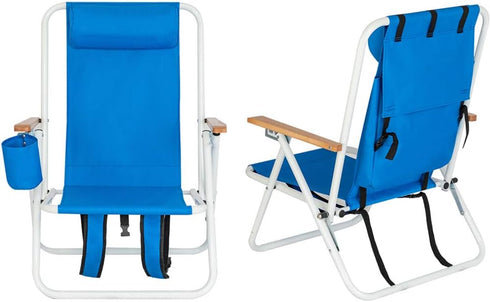 MTFY Backpack Folding Beach Chair,Reclining Portable Beach Chair Camping Chair with Adjustable Headrest and Cup