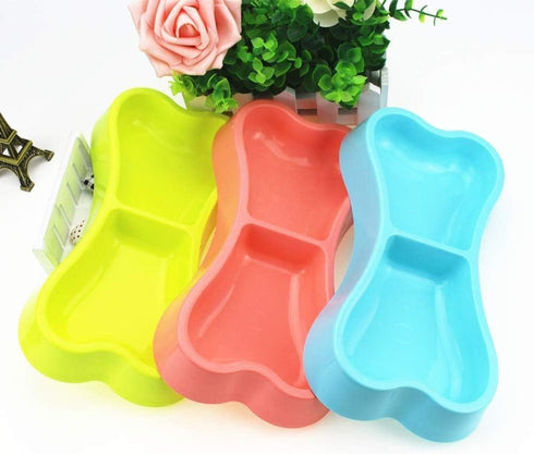 EORTA 3 Pcs Dog Double Bowls - Bone Shaped Feeder, Pet Plastic Bowl for Water & Food, Smooth Surface, Random Color