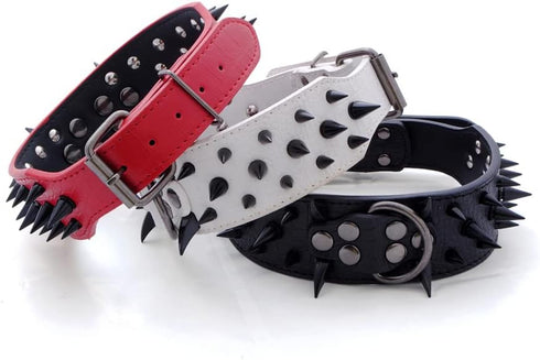 Spiked Studded Dog Collar - PU Leather Adjustable Pet Collars for Medium or Large Breed Pets (L, Red)