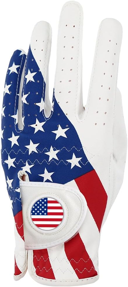 Golf Gloves Left Hand with Ball Marker, Men Women USA Flag Synthetic Leather Adjustable Strap