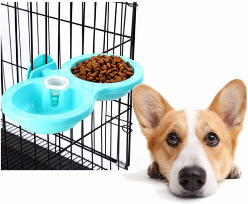 Pssopp Double Dog Bowl, Hanging Pet Food and Water Feeder, Plastic, Blue