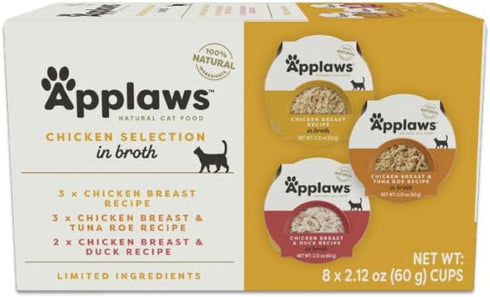 Applaws Natural Wet Cat Food, 8 Count, Limited Ingredient Chicken Variety in Broth, 2.12oz Pots