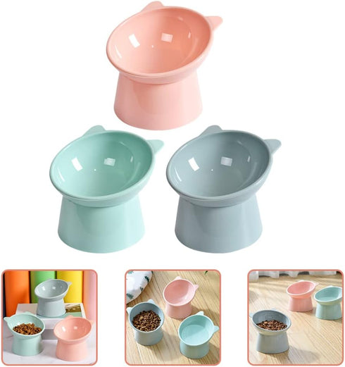 LIFKOME 3PCS Elevated Cat Bowls, Raised Plastic Tilted Pet Food Bowl for Flat-Faced Cats (Pink, Blue, Grey)