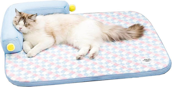 Lunale All-Season Ice Fabric Cat Bed with Cushioned Pillow/Play Ball/Washable Mat for Cats,