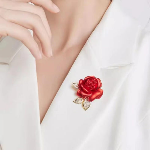 Rhinestone Rose Brooch Pins, Red Flowers Brooches for Women/Girls, Fashion Jewelry Gift