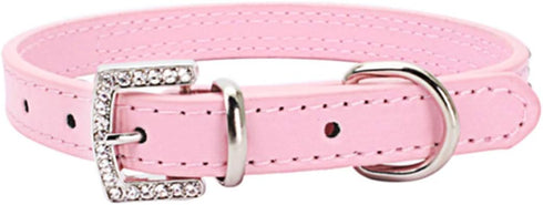 THAIN Basic Adjustable Dog Cat Collar, Bling Rhinestones PU Leather with Rhinestones Buckle (S, Length 10"-13", Pink)