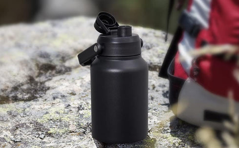 Half Gallon Insulated Water Bottle Jug, 64 oz Stainless Steel Sports Flask with Handle, 2 Lids, Army Green