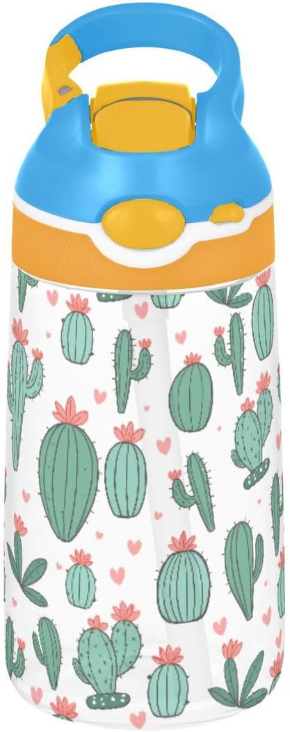 WEIYEKO 16.9 oz Green Flower Cactus Love Heart Kids Water Bottle with Straw Leakproof Travel School for Girls Boys