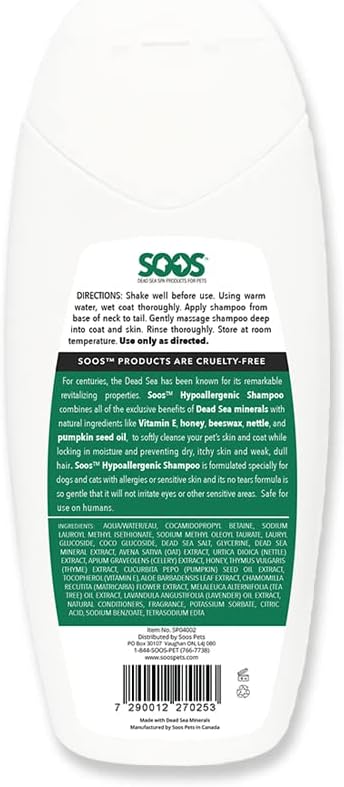 Soos Hypoallergenic Pet Shampoo for Cats and Dogs, Natural Dead Sea Minerals, 250ml Fast Absorbing Skin Soothing Formula