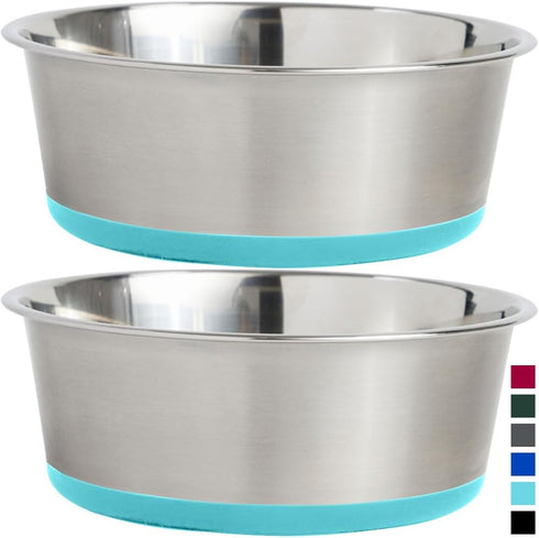 Gorilla Grip Stainless Steel Dog Bowl Set of 2, Heavy Duty Feeding Dishes, Rubber Base, BPA Free, Turquoise, 4 Cups