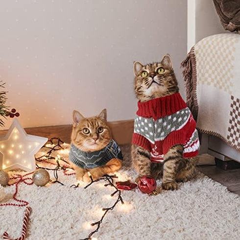 2 Pieces Christmas Cat Dog Sweater - Holiday Sweater for Small Dogs - Warm Reindeer Snowflake Knitwear