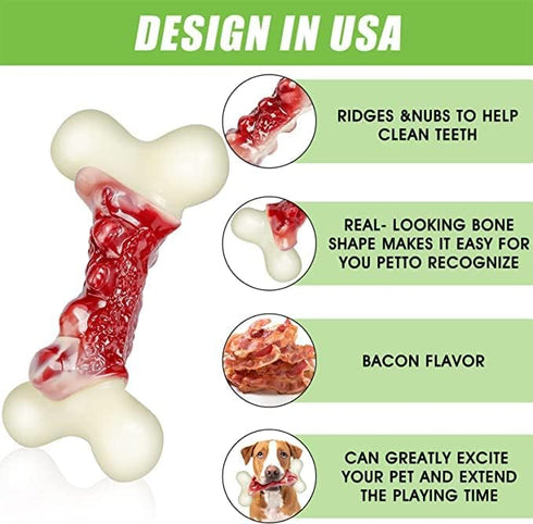 Dog Toys for Aggressive Chewers, Indestructible Bacon Flavored Chew Toy Bones for Medium/Large Breed Dogs