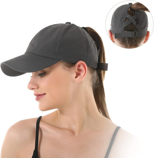 Womens Quick Drying Criss Cross Ponytail Hat - UV Protection Baseball Cap Sun Hats