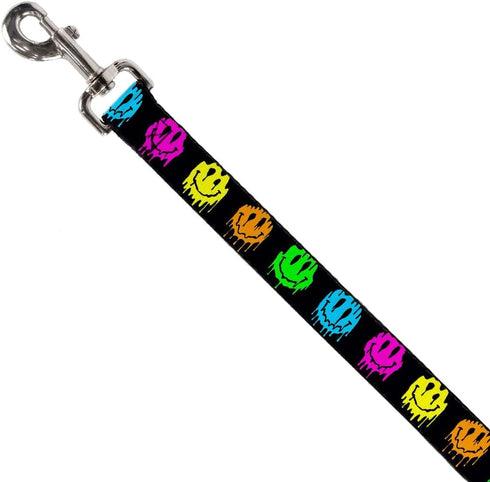 Buckle-Down Pet Leash, Dog Leash, Smiley Face Melted Repeat Black Multi Neon, 6 Feet Long 0.5 Inch Wide