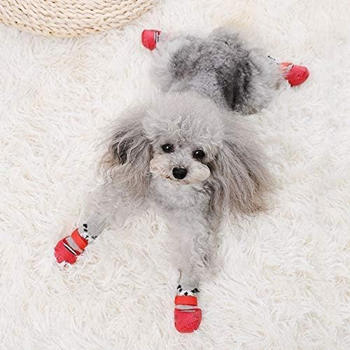 Dog Cat Boots Shoes Socks - Adjustable Waterproof Breathable Anti-Slip Sole for Tiny Dogs (M, Red)
