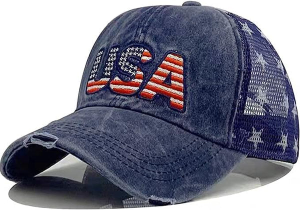 Patriotic USA Baseball Caps - Woman Man Washed Worn Out Mesh Sun Hat for 4th July (Size M)