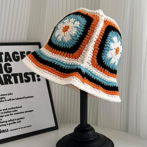 Handmade Crochet Knitted Bucket Hat Summer Floral Beanies Cap (Orange)