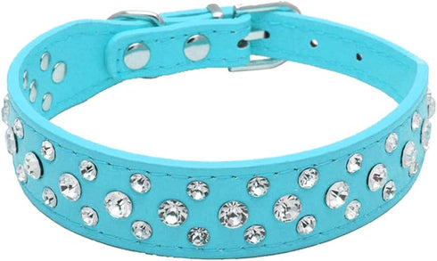 Bling Rhinestone PU Leather Crystal Diamond Pet Dog Cat Puppy Collar (M, Light Blue)