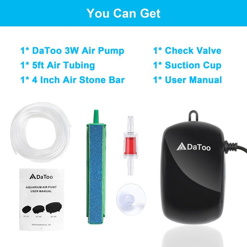 DaToo 1-300 Gallon Aquarium Air Pump, 2.5W/3W/4.5W, 32GPH/64GPH/210GPH, Quiet Aerator with Accessories
