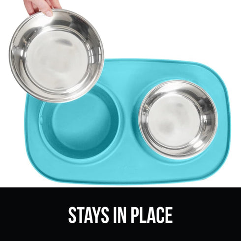 Gorilla Grip 100% Waterproof Cat and Dog Bowls, Silicone Feeding Mat Set, Stainless Steel Bowl, 1 Cup, Turquoise