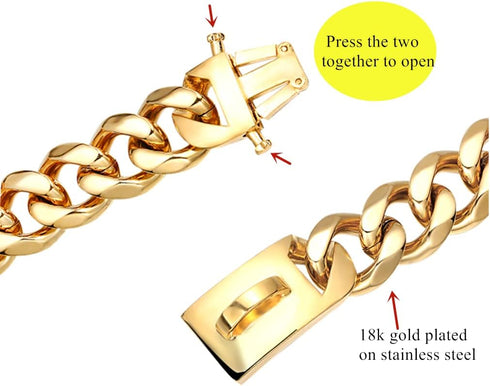 Gold Dog Collar 18k Cuban Link Chain, Chew Proof Stainless Steel, 15mm/19mm Wide, 10-26inch