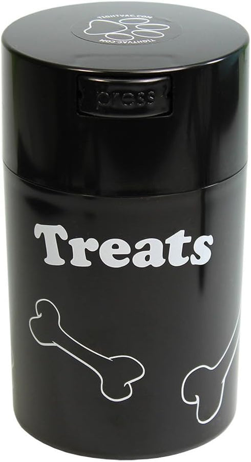 Pawvac 6 Ounce Vacuum Sealed Pet Food Storage Container, Black Cap & Body, White Treats