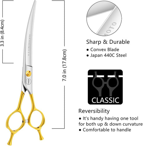 HASHIMOTO Curved Scissors for Dog Grooming, 7.0 inch Light Weight Shears with 30 Degree Curved Blade for Professionals