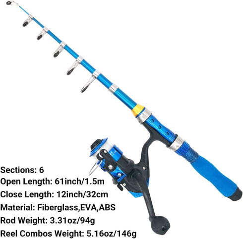 Kids Fishing Rod 1.5M 61Inch Portable Telescopic Fishing Pole and Reel Combos Full Kits for Youth