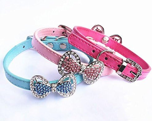 Leather Rhinestone Bow Tie Pet Cat Dog Collar Necklace Jewelry for Small Dogs, Girl Kitten Puppy Teacup Chihuahua