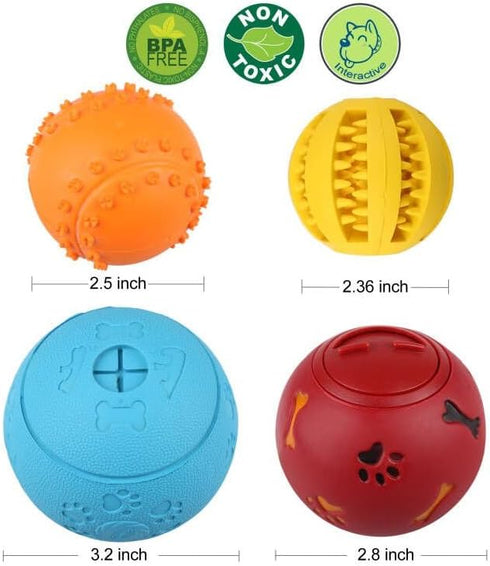PrimePets Dog Treat Ball, 4 Pack Interactive Food Dispensing Puzzle Toy, Non-Toxic Rubber for Chewing