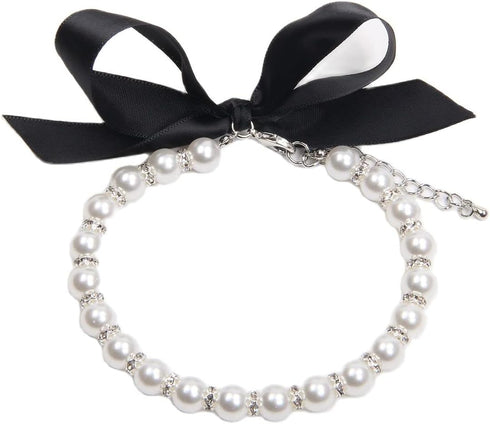 Dog Cat Pearls Necklace Collar with Bling Accessories and Ribbon Bow for Female Dogs Cats (L, White)