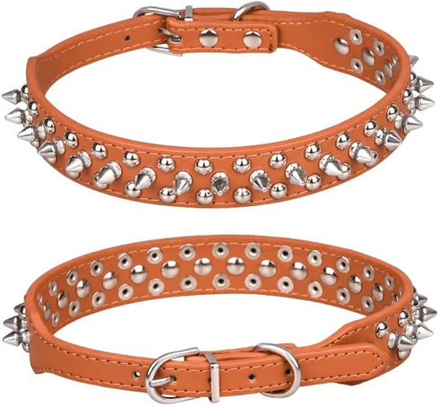 Spiked Dog Collar, Mushrooms Rivet Studded Adjustable PU Leather for Cats and Dogs, S, Brown