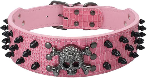 Studded Dog Collar - 2" Leather Spiked Collar for Medium Large Dogs Pit Bull Mastiff Bully Boxer (M: 17-20 inch, Pink-3)