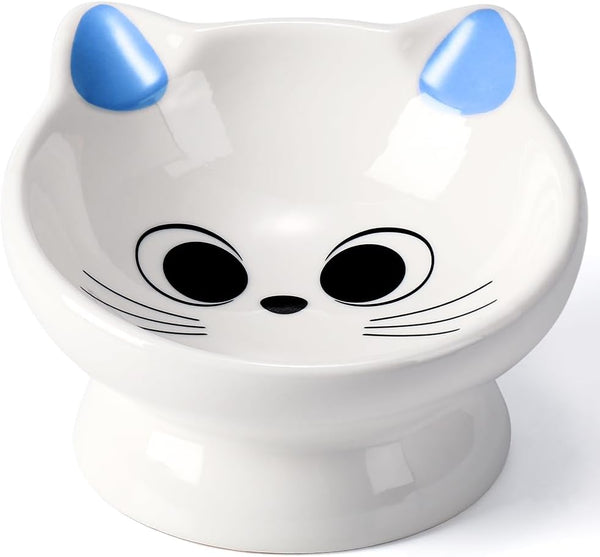 Raised Cat Food Bowl Ceramic, 15° Tilted Design, Anti Vomiting Backflow Prevention for Cats and Small Dogs, Blue
