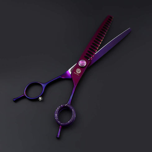 Purple Dragon 7.0" Downward Curved Pet Grooming Scissors/Chunker Shear with Adjustment Screw for Professional Grooming
