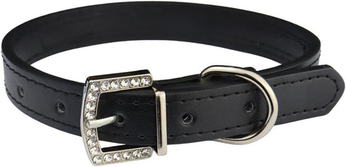 THAIN Basic Adjustable Dog Cat Collar, Bling Rhinestones, PU Leather with Rhinestones Buckle, Black, L (Length 15"-18")