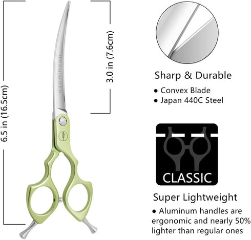 HASHIMOTO Curved Scissors for Dog Grooming, Extremely Light Weight, 6.5 inch, 30 Degree Curved Blade, Matt Surface