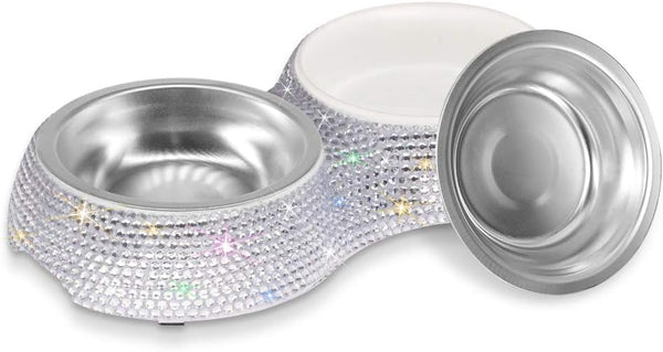 SAVORI Small Dog Bowls - Handmade Bling Rhinestones Stainless Steel Double Food Water Feeder for Cats and Dogs (Silver,