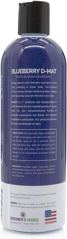 Bark2Basics Blueberry D-Mat Dog Conditioner - 16 oz, Natural Ingredients, Loosens Tough Mats and Tangles, Aids in