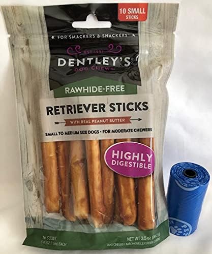 Dently Rawhide-Free Retriever Sticks with Real Peanut Butter, 1-10 Count 5" Sticks, Plus 1-Dog Waste Bag