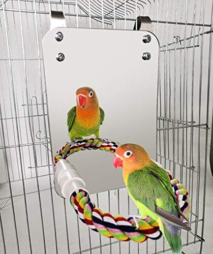 BWOGUE 7 Inch Bird Mirror with Rope Perch, Cockatiel Mirror for Cage Bird Toys, Swing Parrot Cage Toys