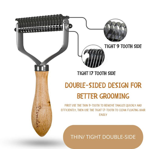 Pet Undercoat Rake for Dogs and Cats - Double-Sided Steel Blade for Shedding Control with Wooden Handle