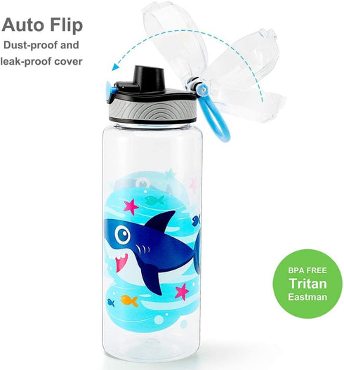 Home Tune 23oz Kids Water Bottle for School Boys, BPA FREE Tritan, Leak Proof Flip Top Lid, Carry Handle - Shark.