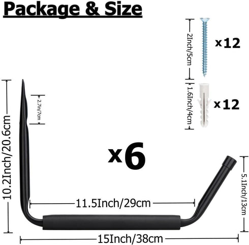 Heavy Duty Garage Storage Kayak Hook, 15 Inch Canoe Hanger Hooks, Each Rack 55LBS Capacity for Surfboards, Ladders,