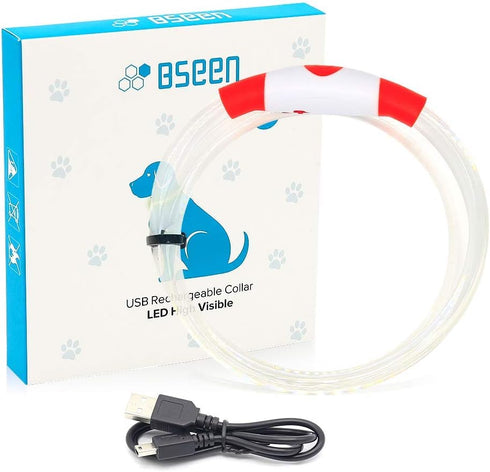 BSEEN Light Up Dog Collar - Rechargeable LED Dog Collar, 360° Glow in The Dark Pet Collar for Night Walking (Red 70cm)