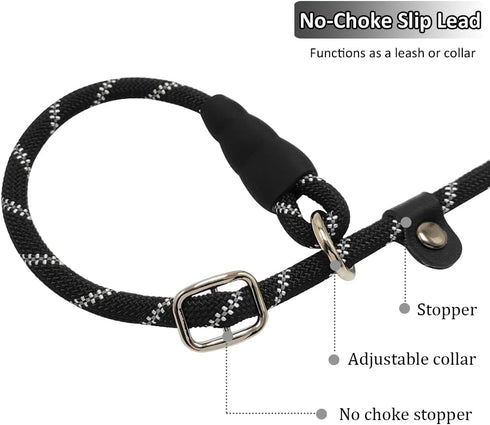 Reflective Long Slip Lead Dog Leash Anti-Choking 12FT/20FT/30FT/50FT Rope Training Leash for Medium Dogs Small Puppy Pets Black
