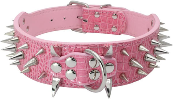 Leather Dog Collar, Spiked Studded for Medium Large Dogs, Pit Bull Mastiff Bully Boxer, XL, Pink1