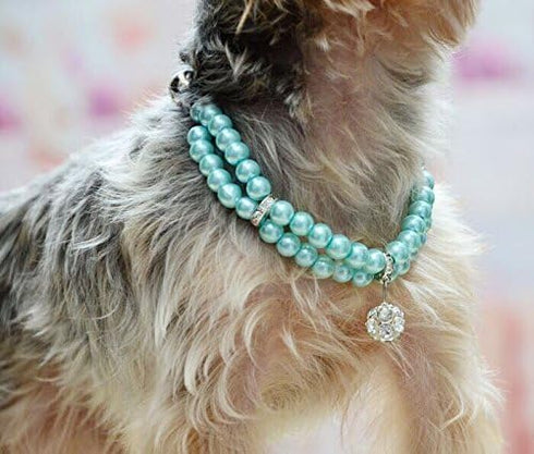 Luxury 2 Row Pearls Rhinestones Pet Necklace Collar Jewelry with Bling Crystal Ball Charm for Small Dogs, Cats (Blue,
