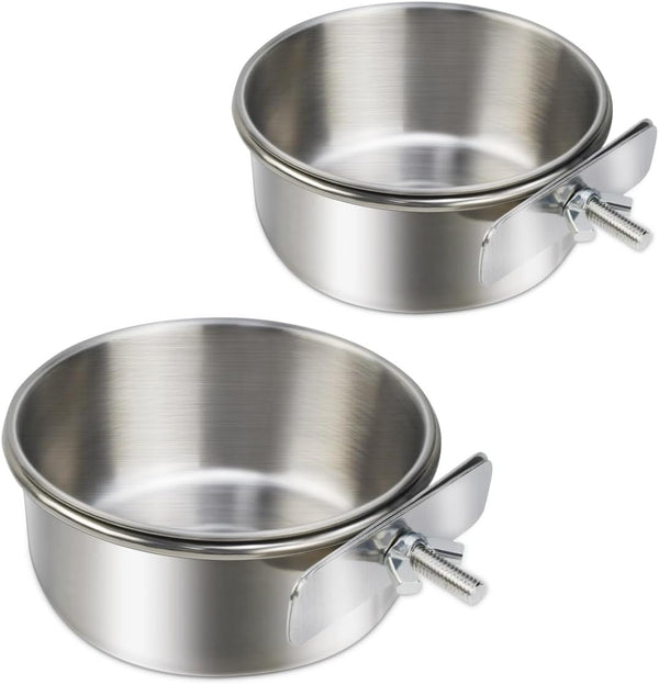 2 Pack Stainless Steel Bird Bowls for Cage, Parrot Food Water Feeder, Hanging Bowl Crate Cups for Small Animals